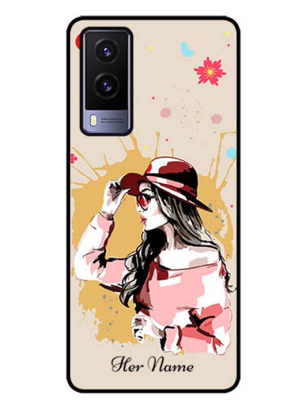 Custom Vivo V21E 5G Photo Printing on Glass Case - Women with pink hat Design
