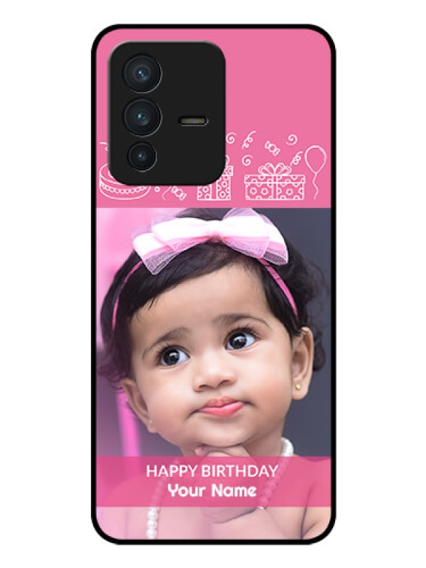 Custom Vivo V23 5G Photo Printing on Glass Case - with Birthday Line Art Design