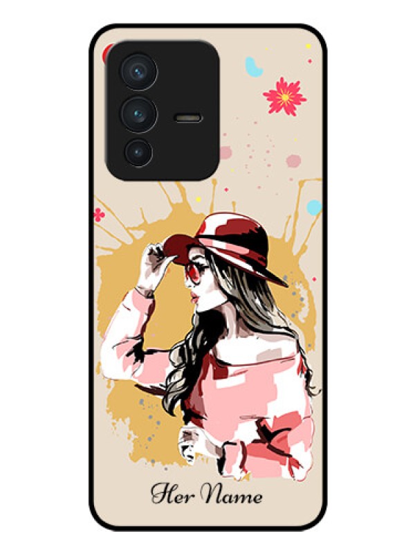Custom Vivo V23 5G Photo Printing on Glass Case - Women with pink hat Design