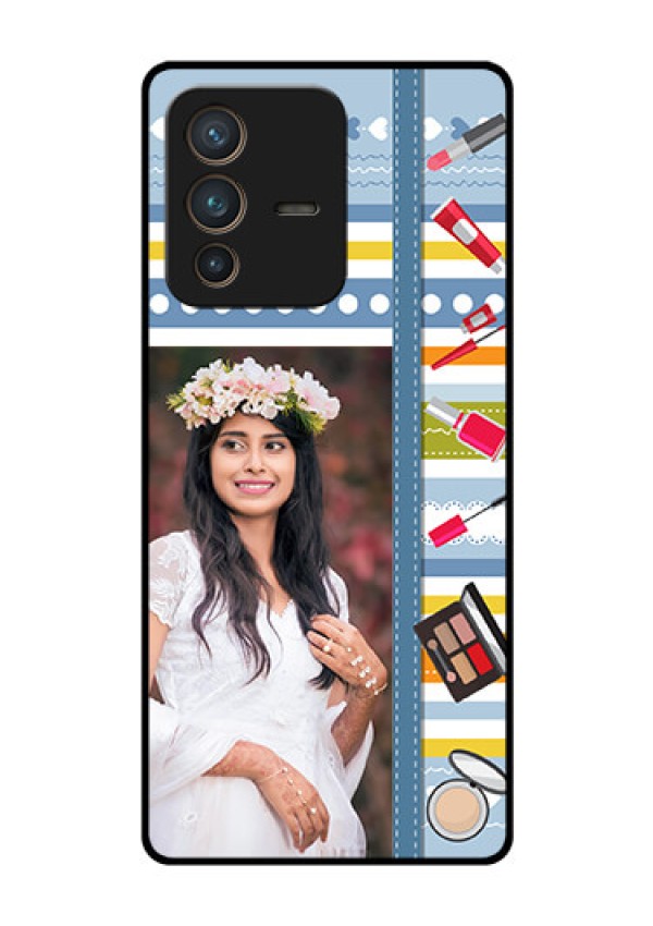 Vivo V23 Pro 5G Personalized Glass Phone Case - Makeup Icons Design