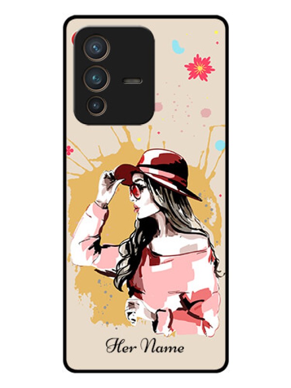 Custom Vivo V23 Pro 5G Photo Printing on Glass Case - Women with pink hat Design