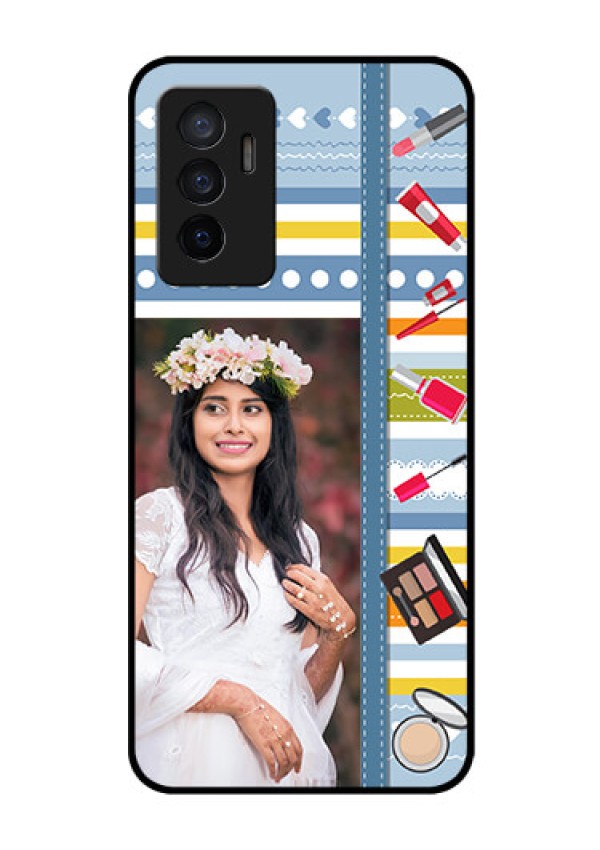 Vivo V23e 5G Personalized Glass Phone Case - Makeup Icons Design