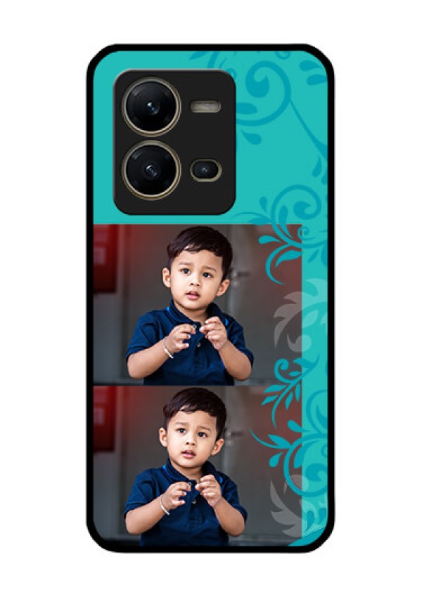 Vivo V25 5G Personalized Glass Phone Case - with Photo and Green Floral Design