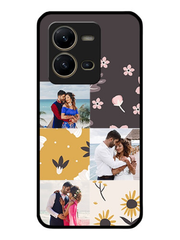 Custom Vivo V25 5G Photo Printing on Glass Case - 3 Images with Floral Design