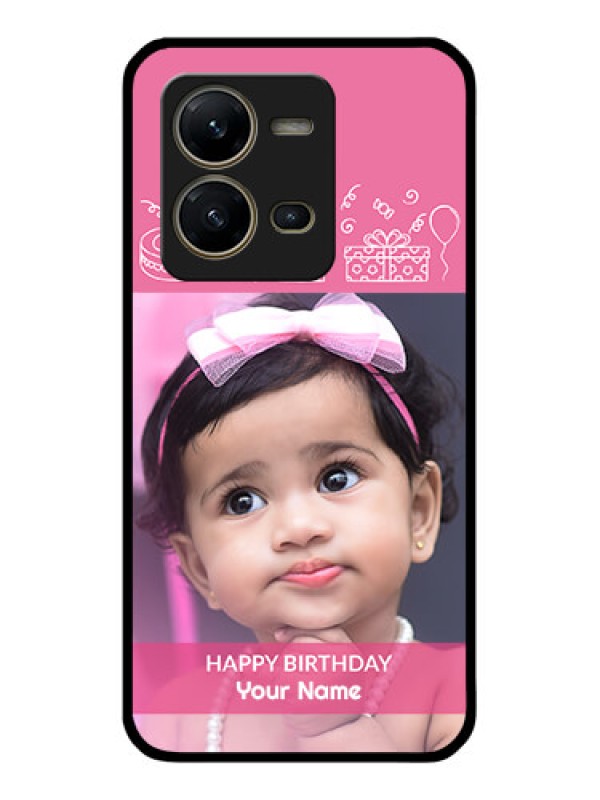 Custom Vivo V25 5G Photo Printing on Glass Case - with Birthday Line Art Design