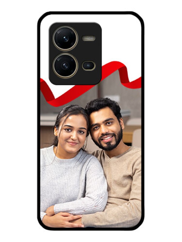 Custom Vivo V25 5G Photo Printing on Glass Case - Red Ribbon Frame Design
