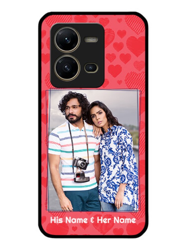 Custom Vivo V25 5G Photo Printing on Glass Case - with Red Heart Symbols Design