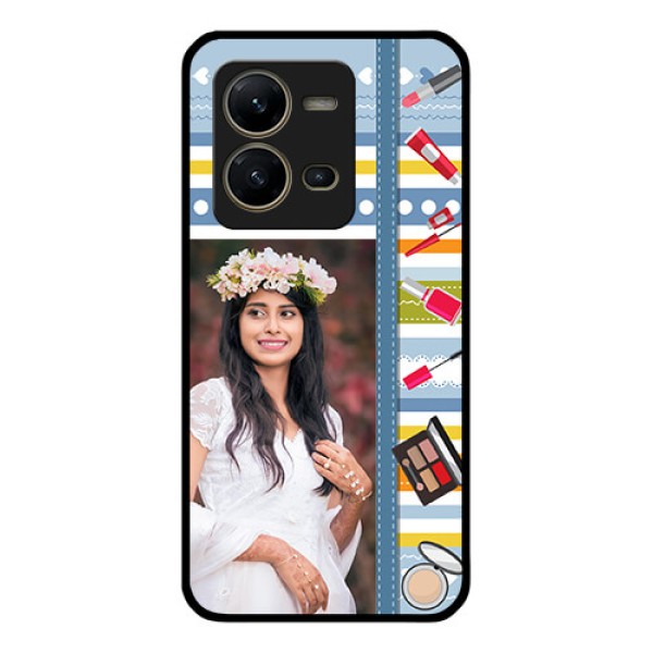 Vivo V25 5G Personalized Glass Phone Case - Makeup Icons Design