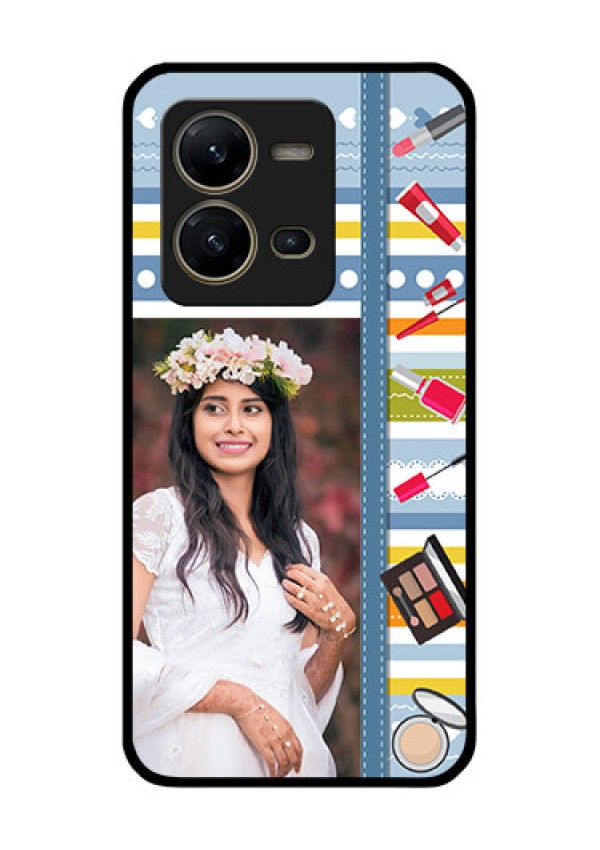 Vivo V25 5G Personalized Glass Phone Case - Makeup Icons Design