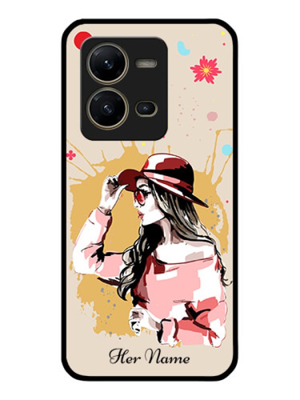 Custom Vivo V25 5G Photo Printing on Glass Case - Women with pink hat Design