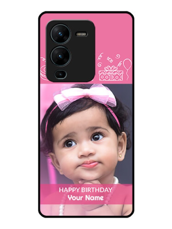 Custom Vivo V25 Pro 5G Photo Printing on Glass Case - with Birthday Line Art Design