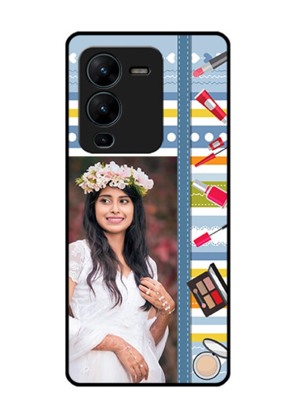 Vivo V25 Pro 5G Personalized Glass Phone Case - Makeup Icons Design