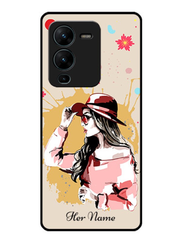 Custom Vivo V25 Pro 5G Photo Printing on Glass Case - Women with pink hat Design
