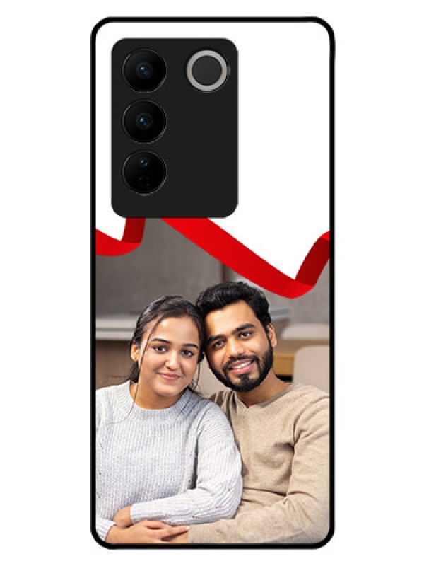 Custom Vivo V27 Pro 5G Photo Printing on Glass Case - Red Ribbon Frame Design