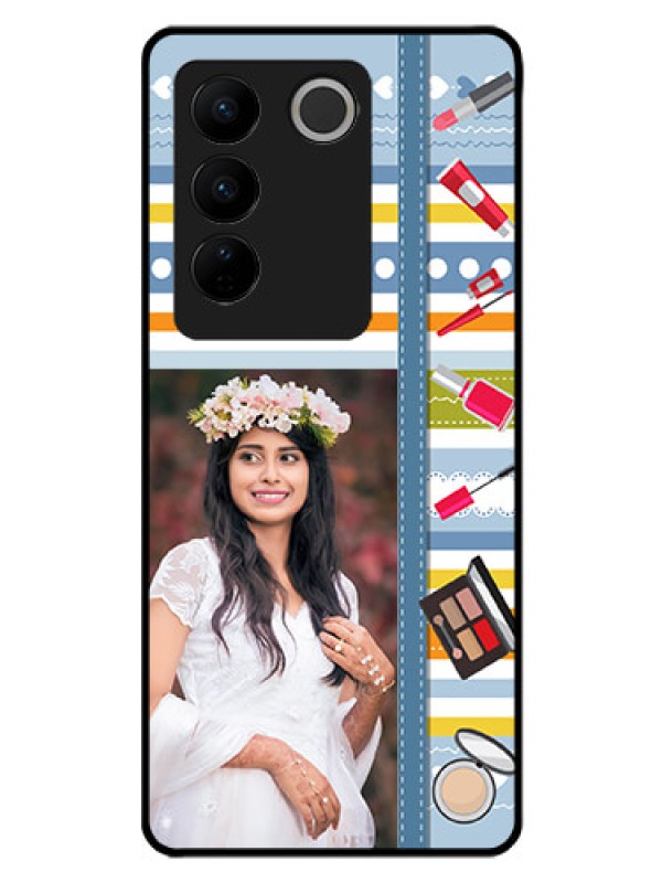 Custom Vivo V27 Pro 5G Personalized Glass Phone Case - Makeup Icons Design