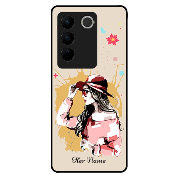 Vivo V27 Pro Photo Printing on Glass Case - Women with pink hat Design Vivo V27 Pro Photo Printing on Glass Case - Women with pink hat Design