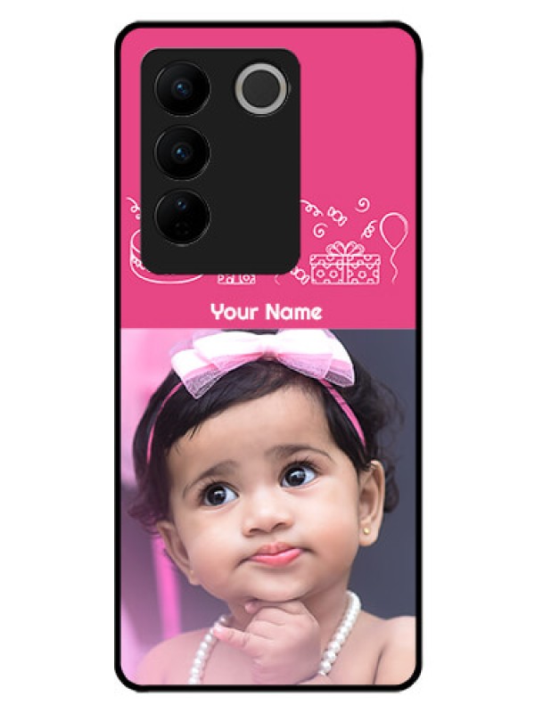 Custom Vivo V27 5G Photo Printing on Glass Case - with Birthday Line Art Design