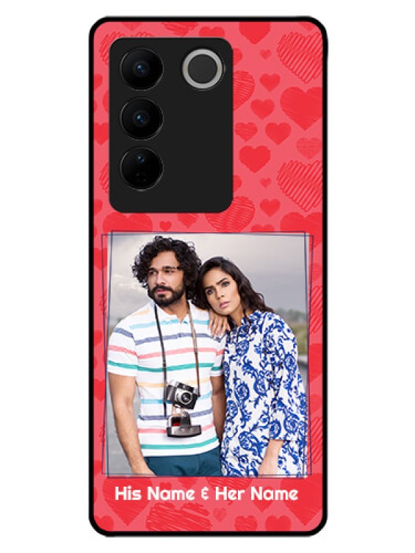 Custom Vivo V27 5G Photo Printing on Glass Case - with Red Heart Symbols Design