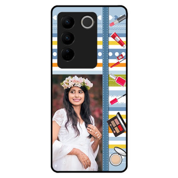 Vivo V27 5G Personalized Glass Phone Case - Makeup Icons Design
