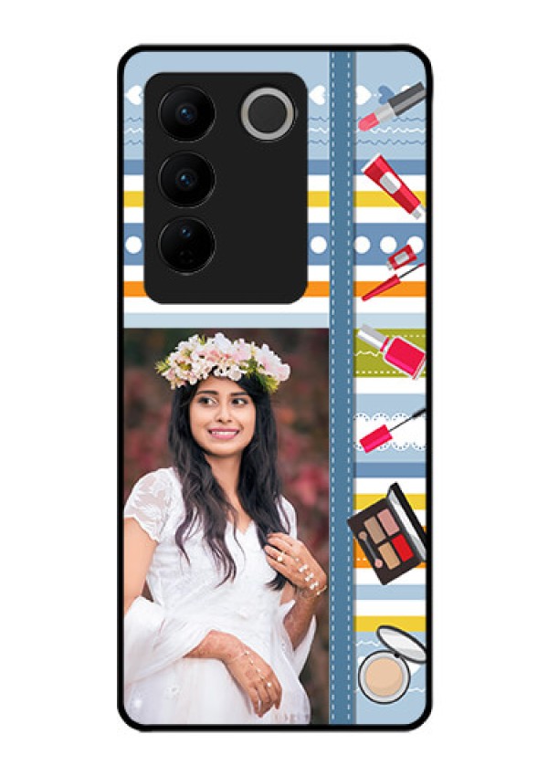 Vivo V27 5G Personalized Glass Phone Case - Makeup Icons Design