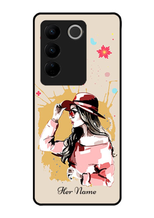 Vivo V27 Photo Printing on Glass Case - Women with pink hat Design