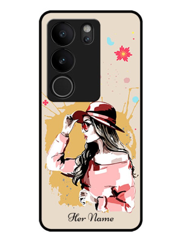 Custom Vivo V29 5G Custom Glass Phone Case - Women With Pink Hat Design