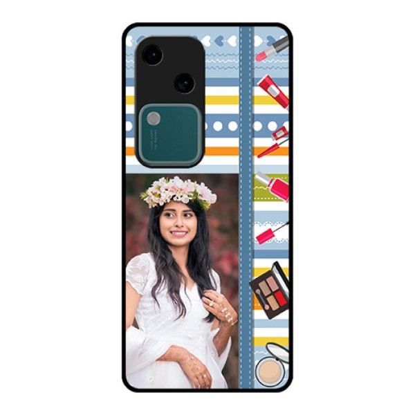 Vivo V30 5G Custom Glass Phone Case - Makeup Icons Design