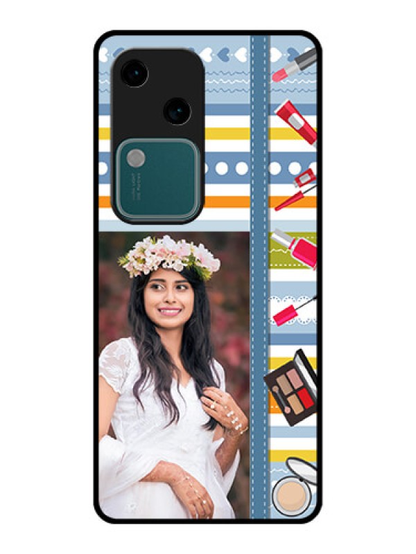 Custom Vivo V30 5G Custom Glass Phone Case - Makeup Icons Design