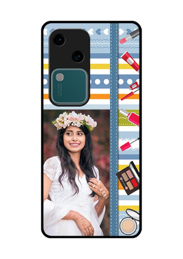 Vivo V30 5G Custom Glass Phone Case - Makeup Icons Design