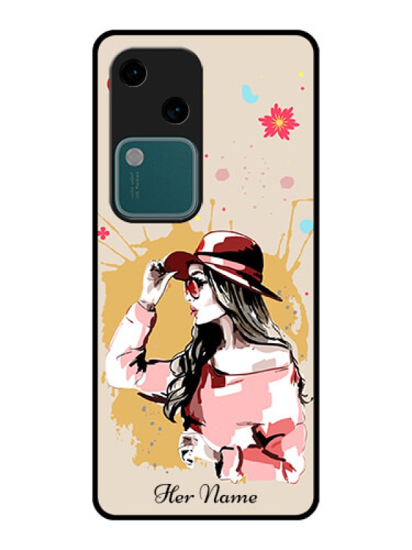 Custom Vivo V30 5G Custom Glass Phone Case - Women With Pink Hat Design
