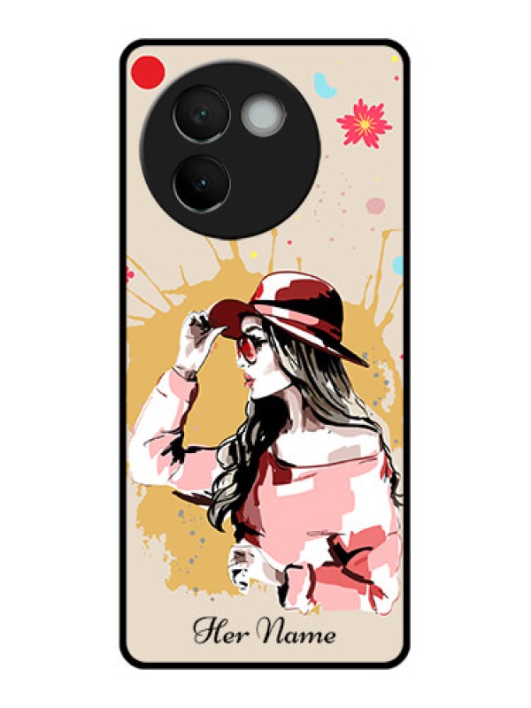 Custom Vivo V30E 5G Custom Glass Phone CaseWomen With Pink Hat Design