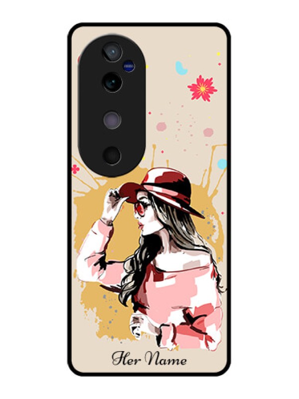 Custom Vivo V40 5G Custom Glass Phone CaseWomen With Pink Hat Design