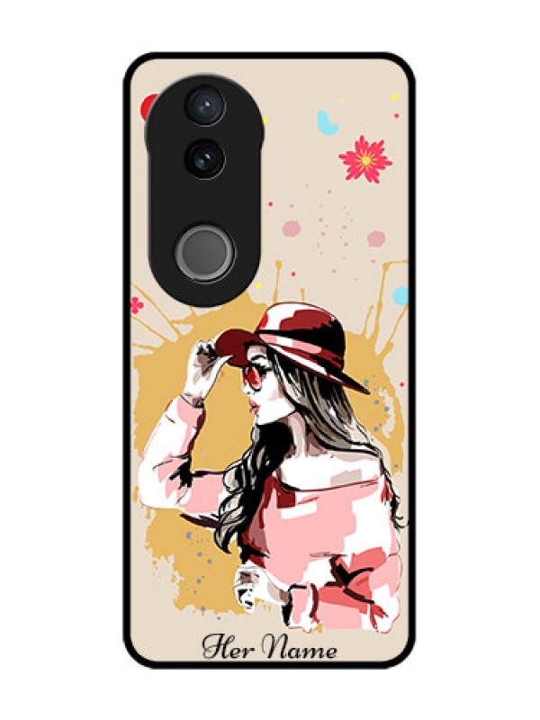 Custom Vivo V50 5G Custom Glass Phone CaseWomen With Pink Hat Design