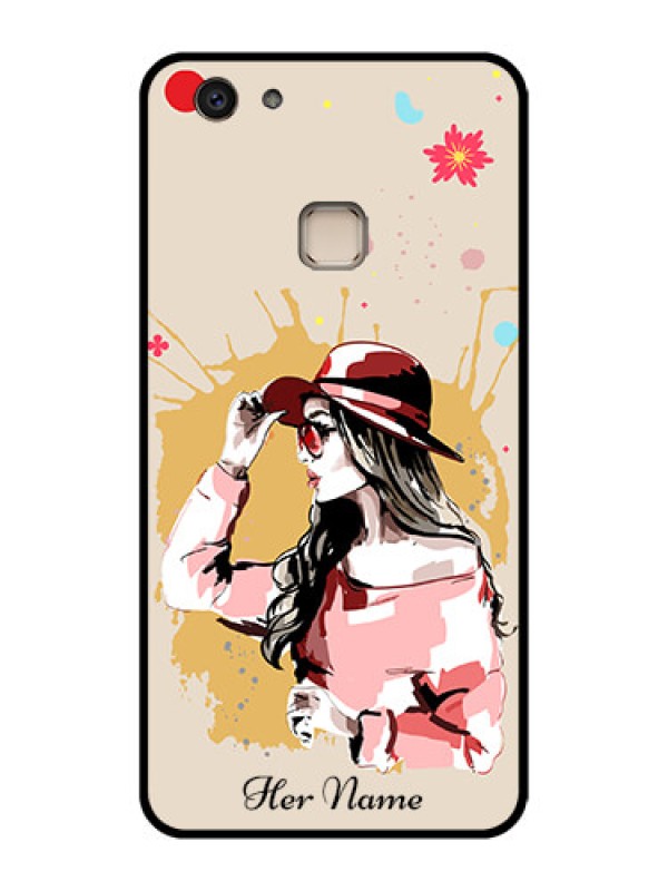 Custom Vivo V7 Plus Custom Glass Phone Case - Women With Pink Hat Design