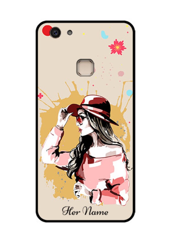 Vivo V7 Plus Custom Glass Phone Case - Women With Pink Hat Design