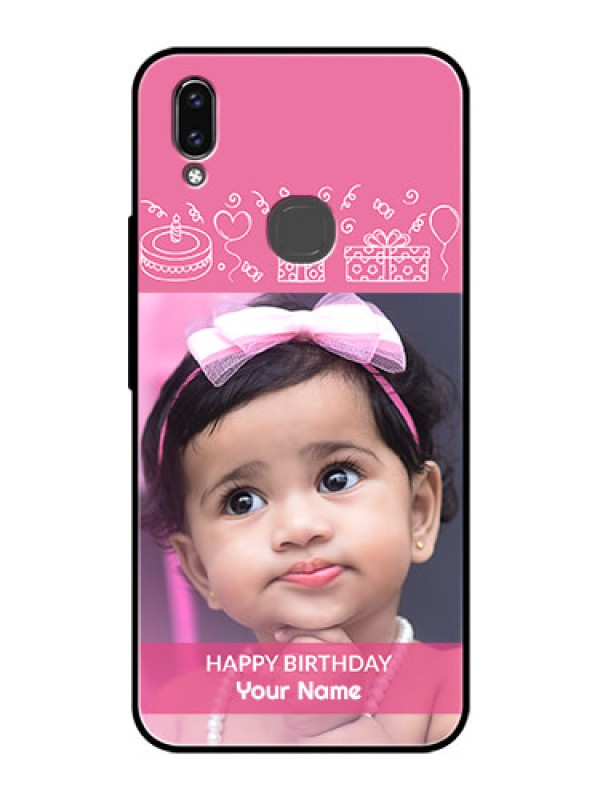 Custom Vivo V9 Pro Photo Printing on Glass Case  - with Birthday Line Art Design
