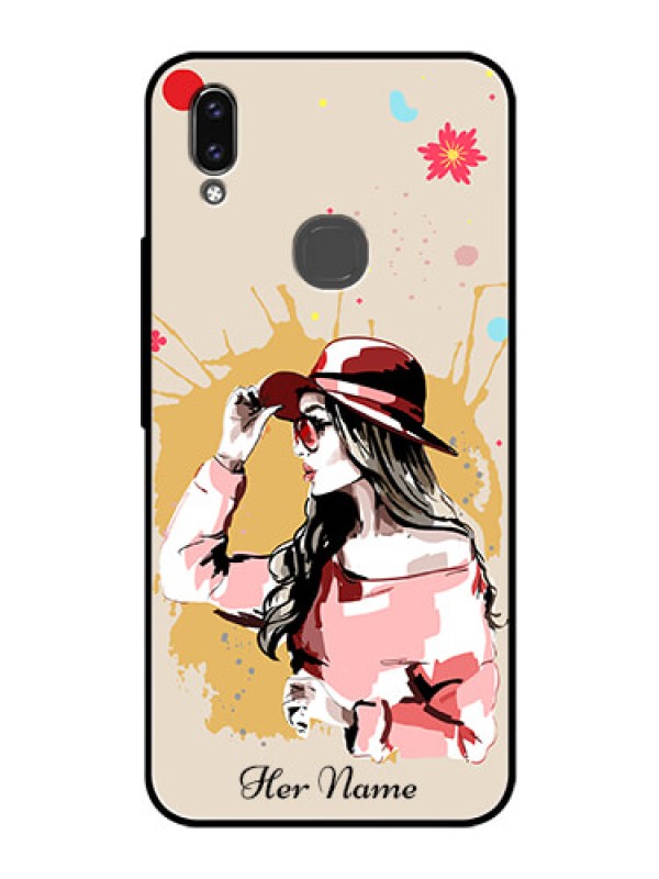 Custom Vivo V9 Youth Photo Printing on Glass Case - Women with pink hat Design