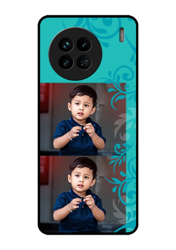 Vivo X90 5G Personalized Glass Phone Case - with Photo and Green Floral Design