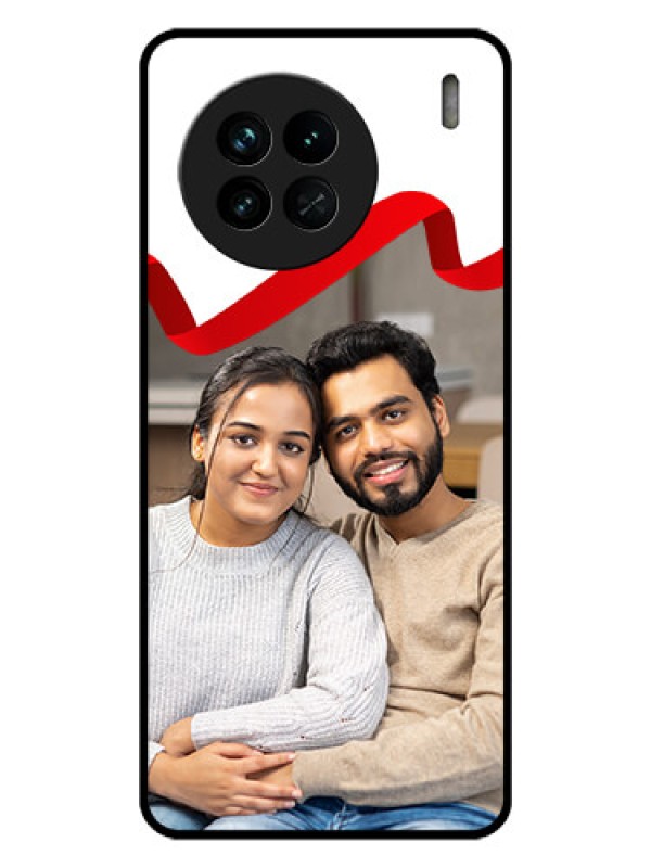 Custom Vivo X90 5G Photo Printing on Glass Case - Red Ribbon Frame Design