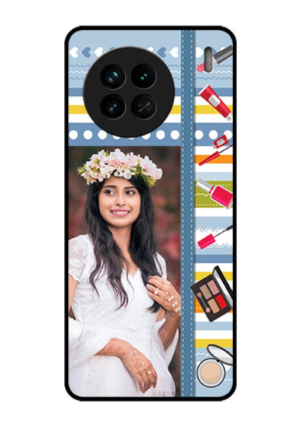 Vivo X90 5G Personalized Glass Phone Case - Makeup Icons Design