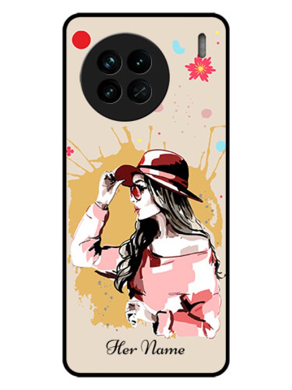 Custom Vivo X90 5G Photo Printing on Glass Case - Women with pink hat Design