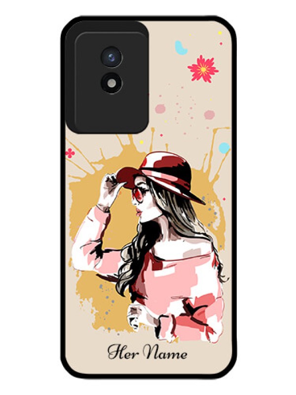 Custom Vivo Y02 Photo Printing on Glass Case - Women with pink hat Design