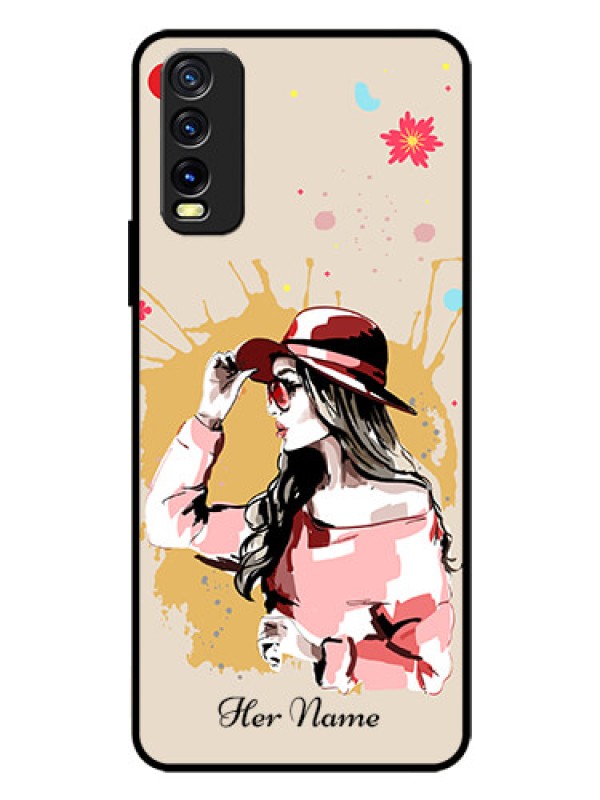 Custom Vivo Y12s Photo Printing on Glass Case - Women with pink hat Design