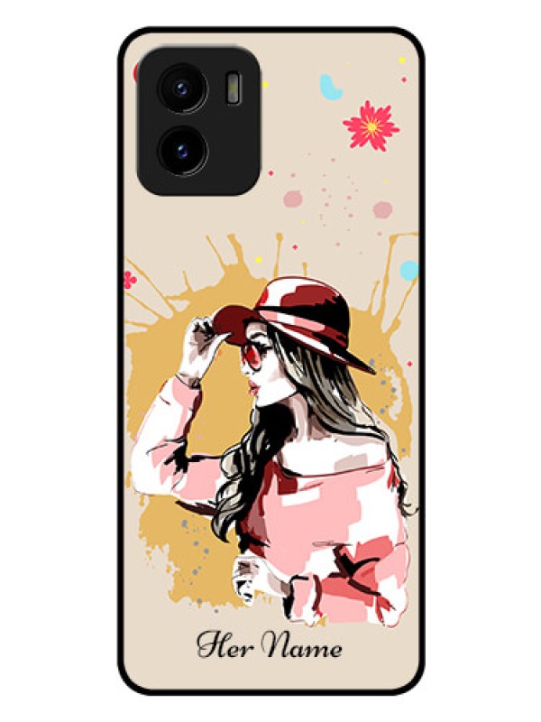 Custom Vivo Y15s Photo Printing on Glass Case - Women with pink hat Design