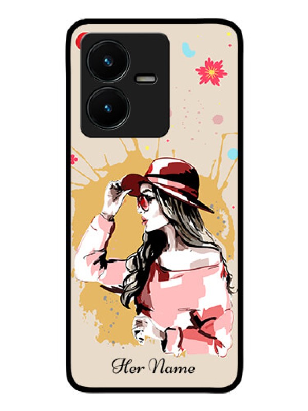 Custom Vivo Y22 Photo Printing on Glass Case - Women with pink hat Design