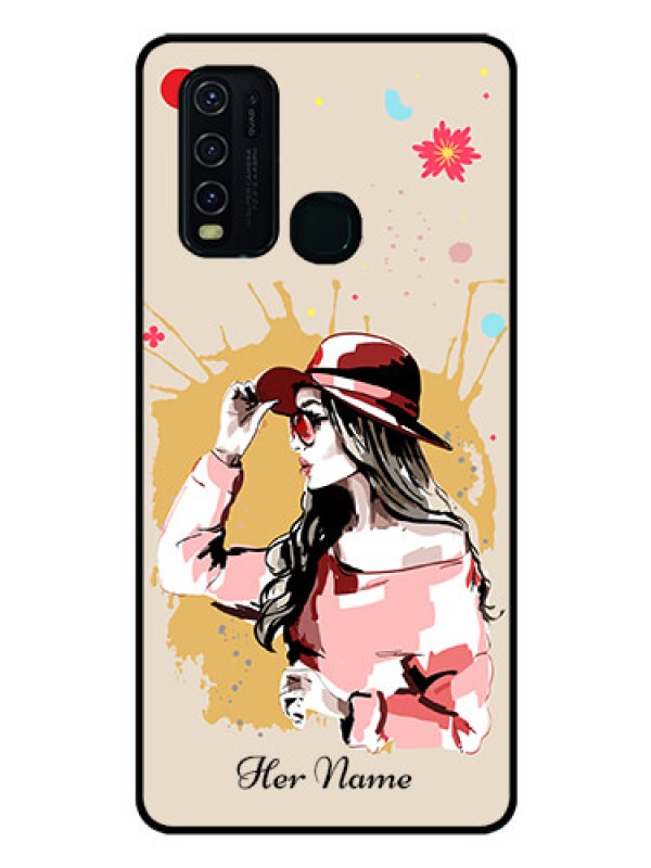 Custom Vivo Y30 Photo Printing on Glass Case - Women with pink hat Design