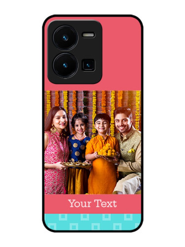 Custom Vivo Y35 Personalized Glass Phone Case - Peach & Blue Color Design