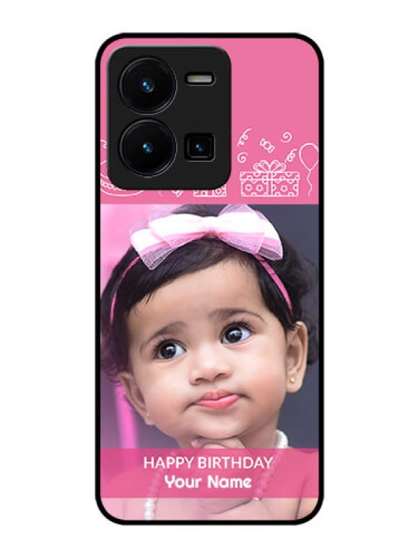 Custom Vivo Y35 Photo Printing on Glass Case - with Birthday Line Art Design
