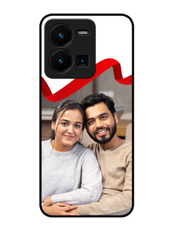 Custom Vivo Y35 Photo Printing on Glass Case - Red Ribbon Frame Design