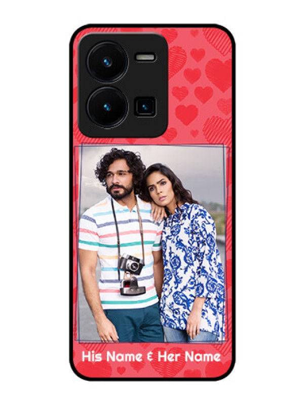 Custom Vivo Y35 Photo Printing on Glass Case - with Red Heart Symbols Design
